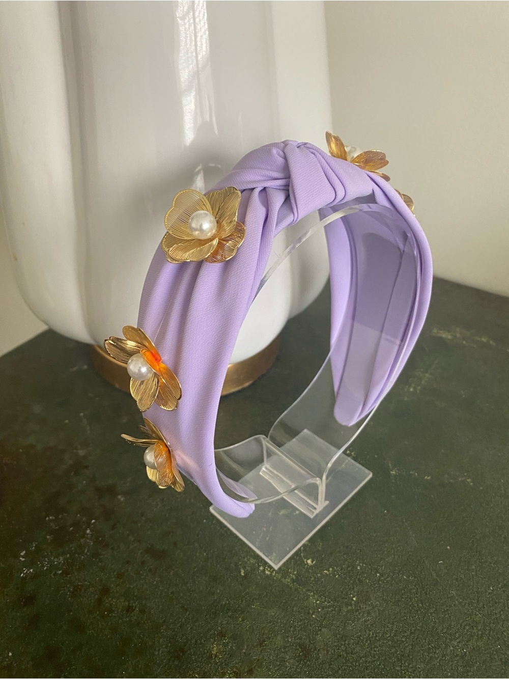 Knotted Luxe Headband with Gold Faux Pearl Flower Accents